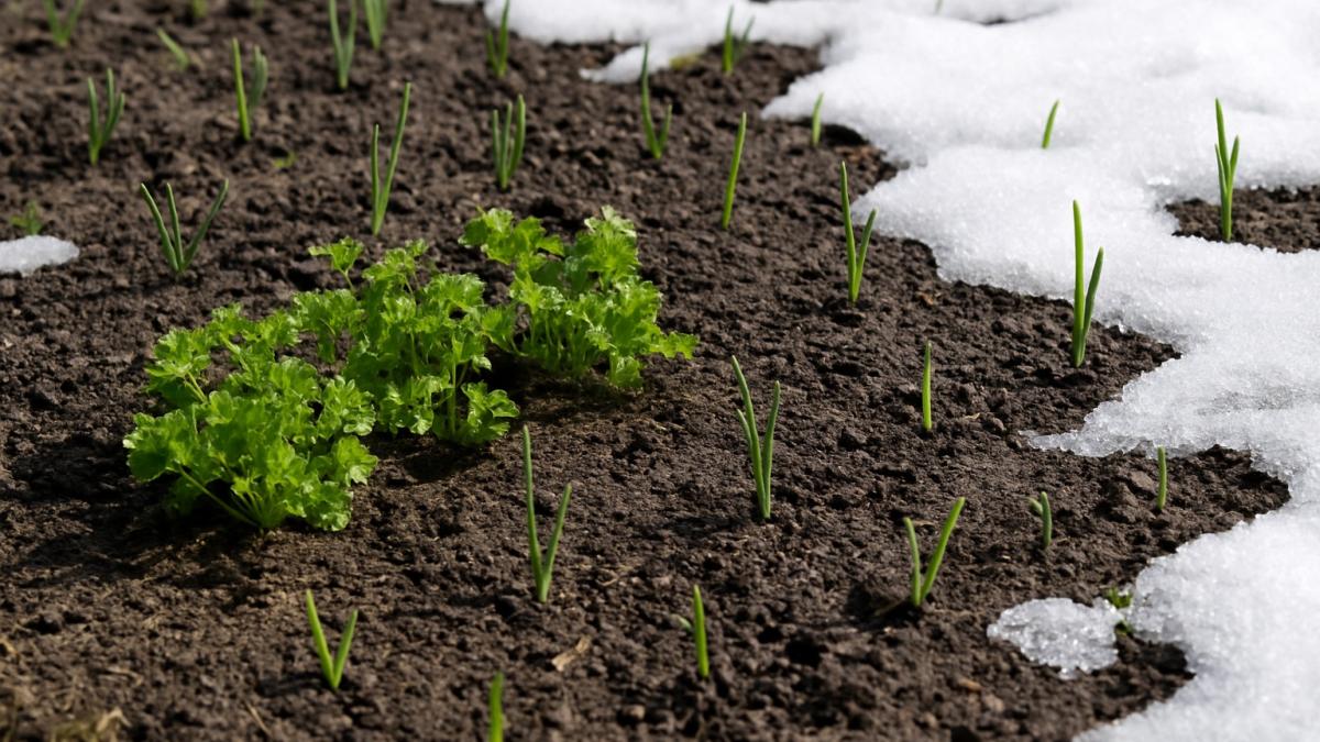 Весенняя грядка после таяния снега