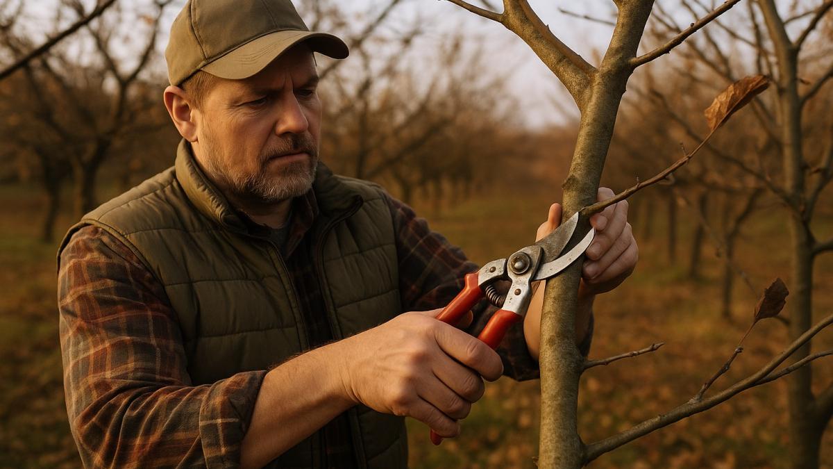 Садовод обрезает яблоню осенью