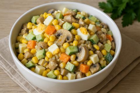Салат с куриной грудкой, кукурузой, сыром и огурцом готовится просто и сытно