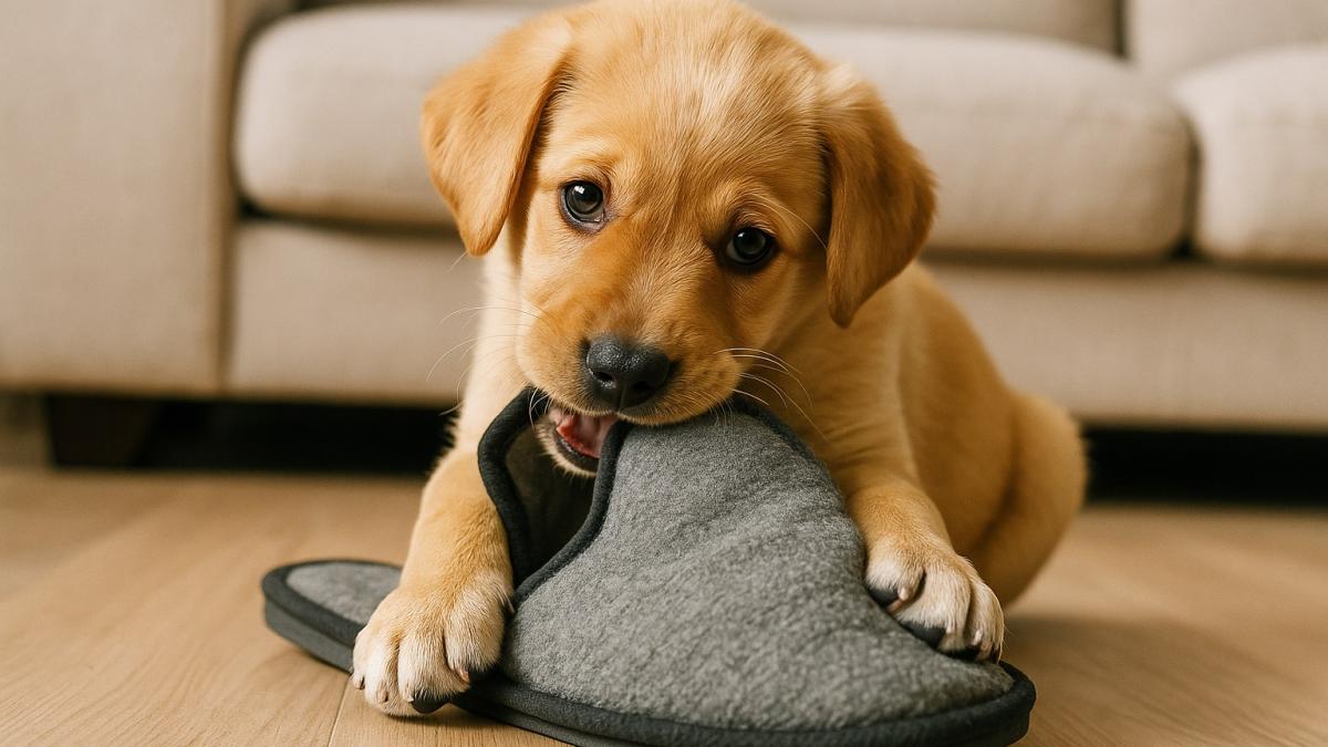 Щенок грызёт тапок