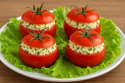 Помидоры, фаршированные сыром и яйцом, запекаются при 180 градусах