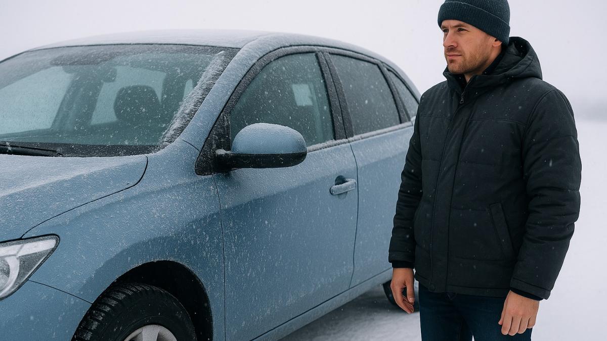 Водитель рядом с примерзшей дверью авто