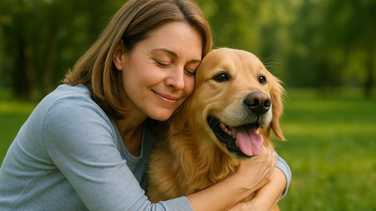 Женщина обнимает собаку Женщина обнимает собаку