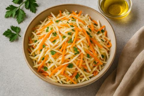 Салат с печенью и корейской морковью получается насыщенным и свежим