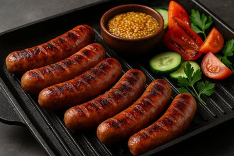 Колбаски на гриле с яблочным сидром и карамельным луком сохраняют сочность при приготовлении