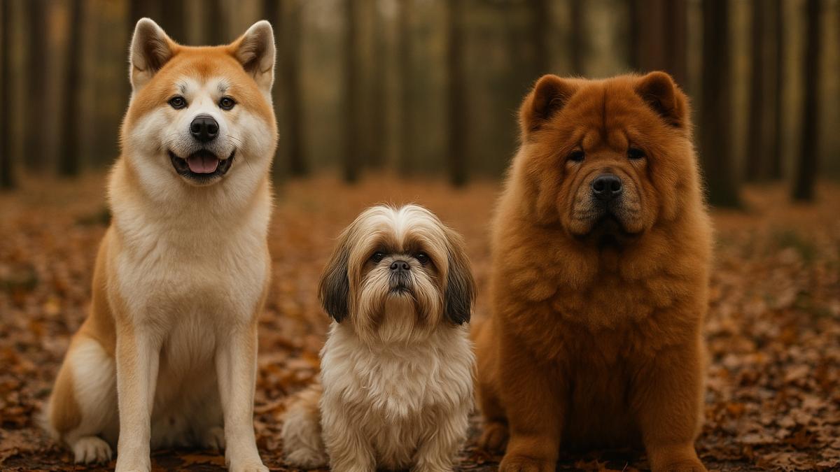 Акита-ину, ши-тцу и чау-чау в парке Акита-ину, ши-тцу и чау-чау в парке