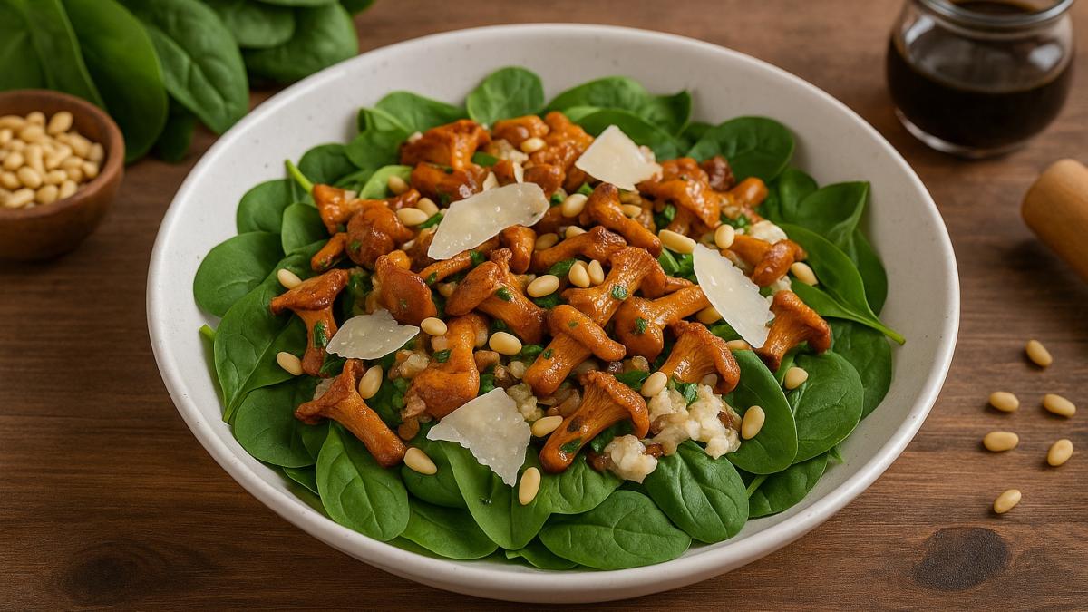 Салат с жареными лисичками и шпинатом