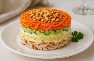 Салат Сказка получается сытным благодаря курице и овощам — повар