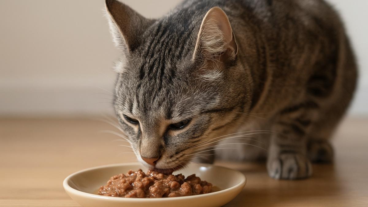 Кошка ест влажный корм
