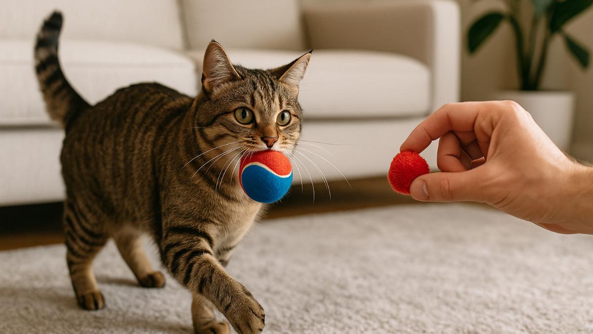 Кошка играет в "Принеси" Кошка играет в "Принеси"