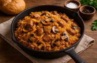 Тушеная капуста с грибами в сковороде получается сбалансированной и питательной