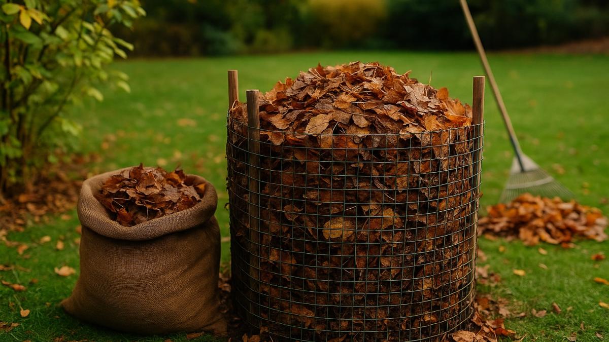 Компост из осенних листьев в саду