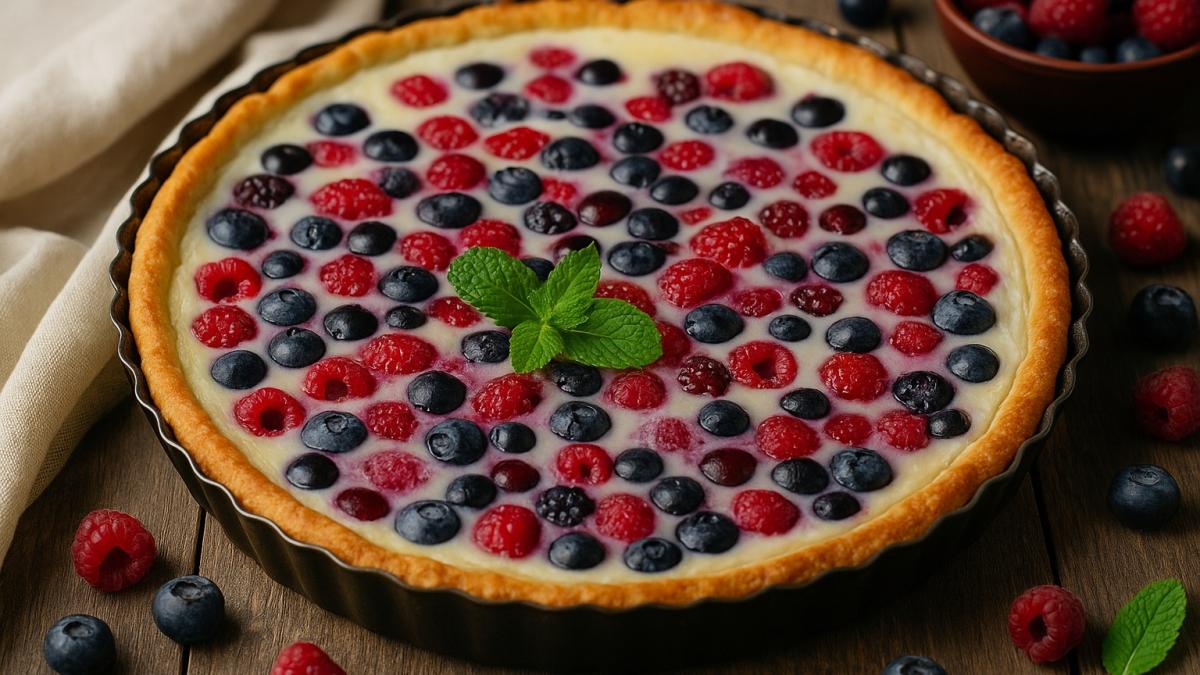 Пирог с ягодами и сметанной заливкой