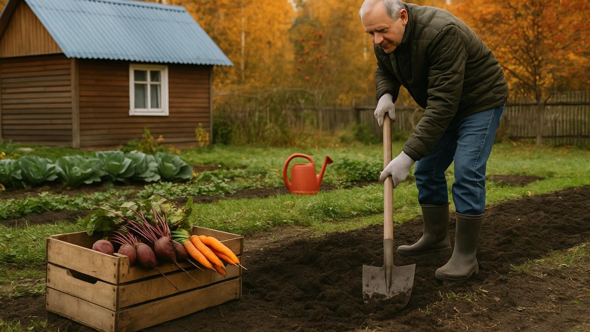 дачник с лопатой собирает урожай моркови и свеклы