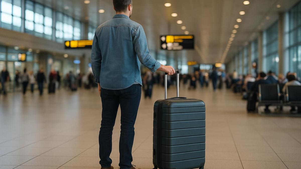 Путешественник с чемоданом в аэропорту