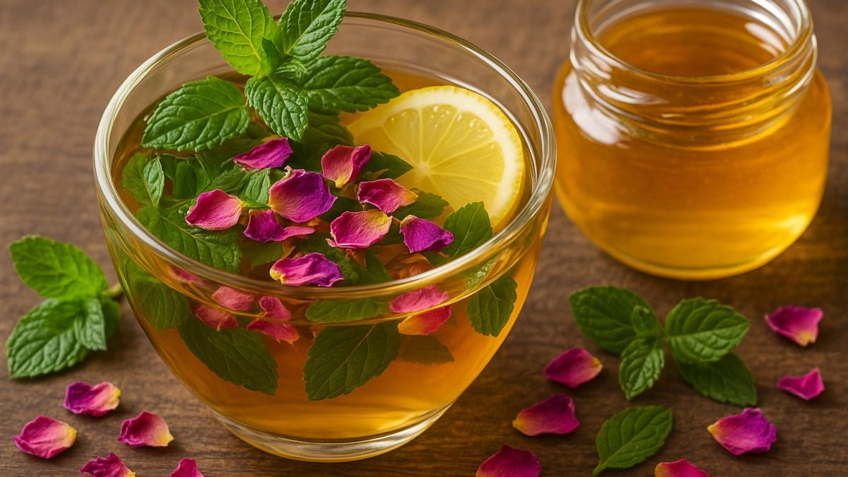 Мятный чай с лепестками розы и медом