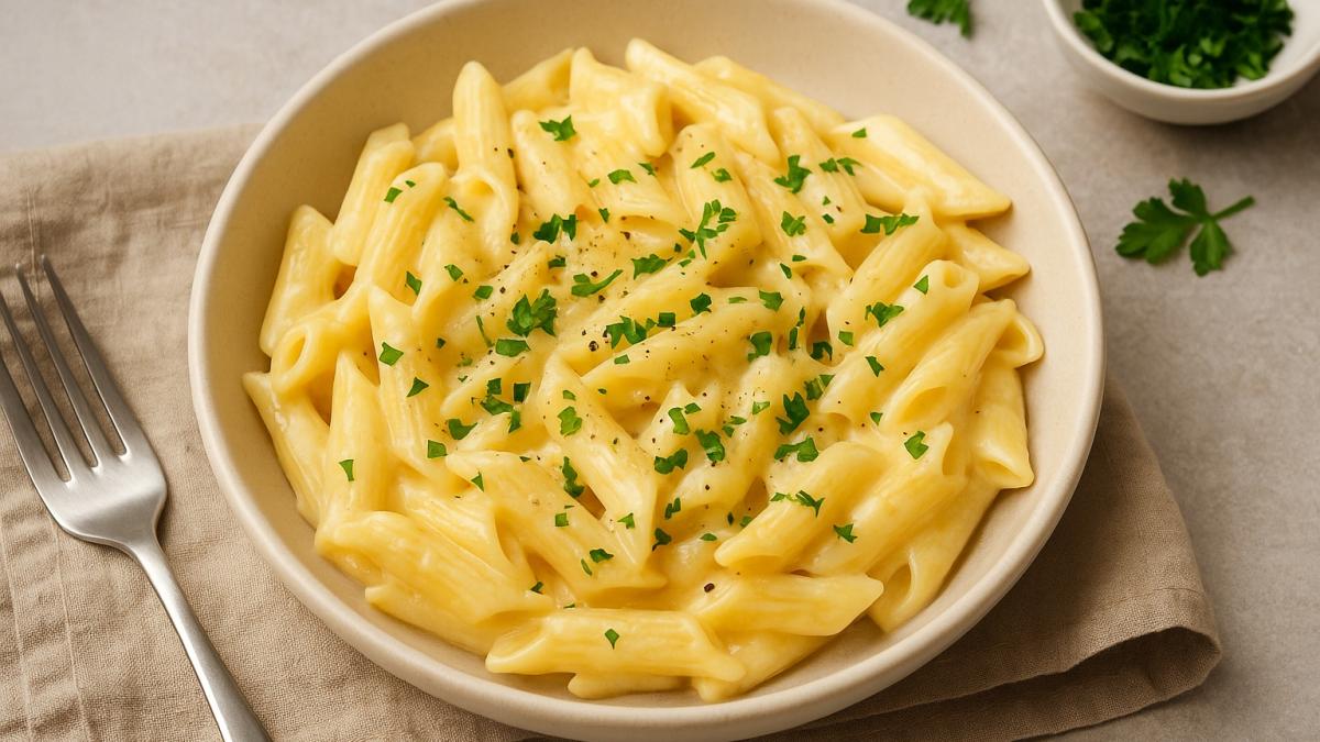 Макароны с сырным соусом и зеленью Макароны с сырным соусом и зеленью