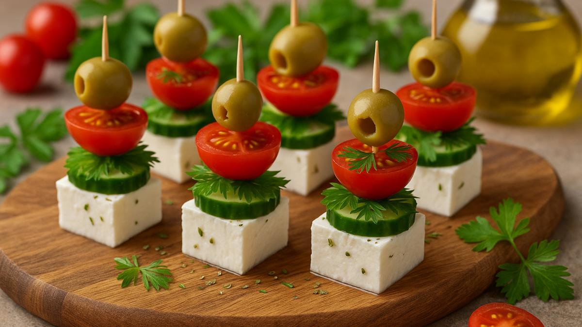 Канапе с сыром фета и оливками