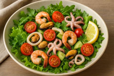 Традиционный салат с осьминогами и картофелем готовится из свежих ингредиентов