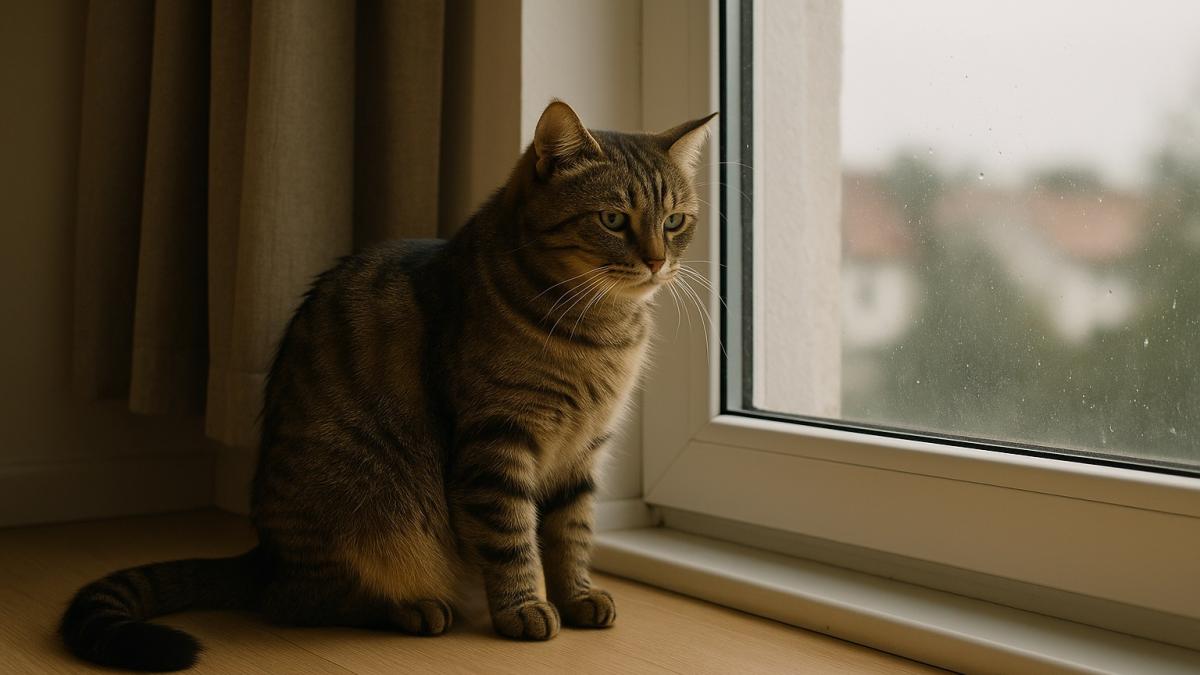 Кошка у окна одна дома Кошка у окна одна дома