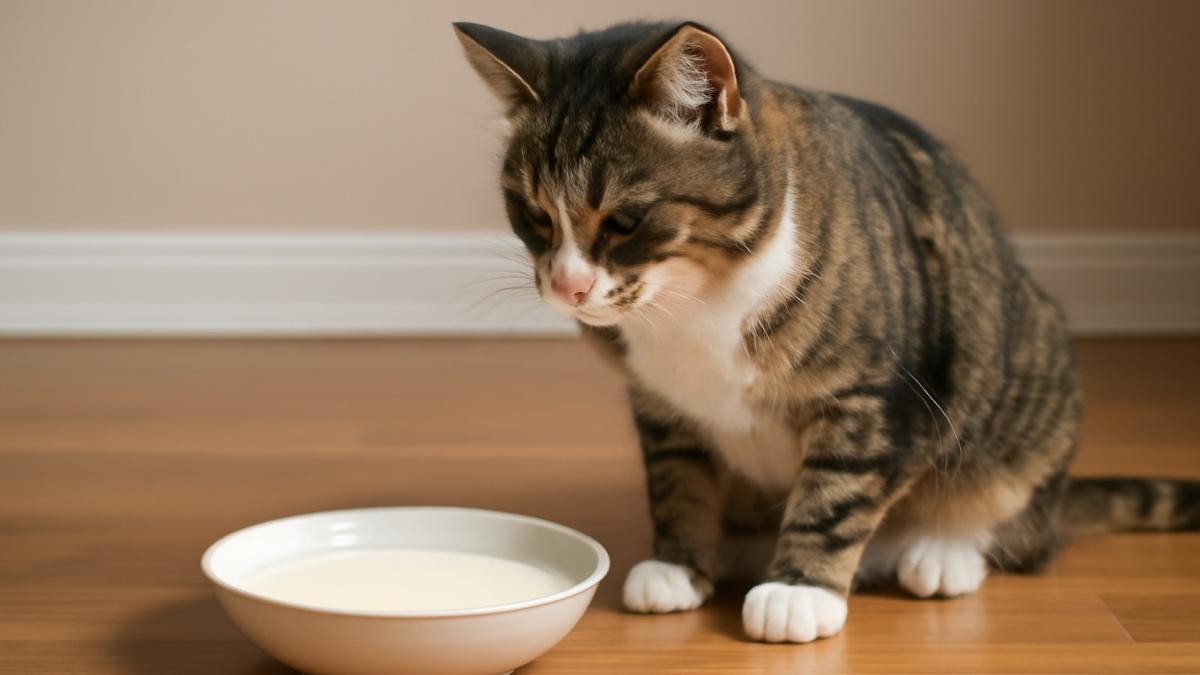 Кошка перед миской с молоком