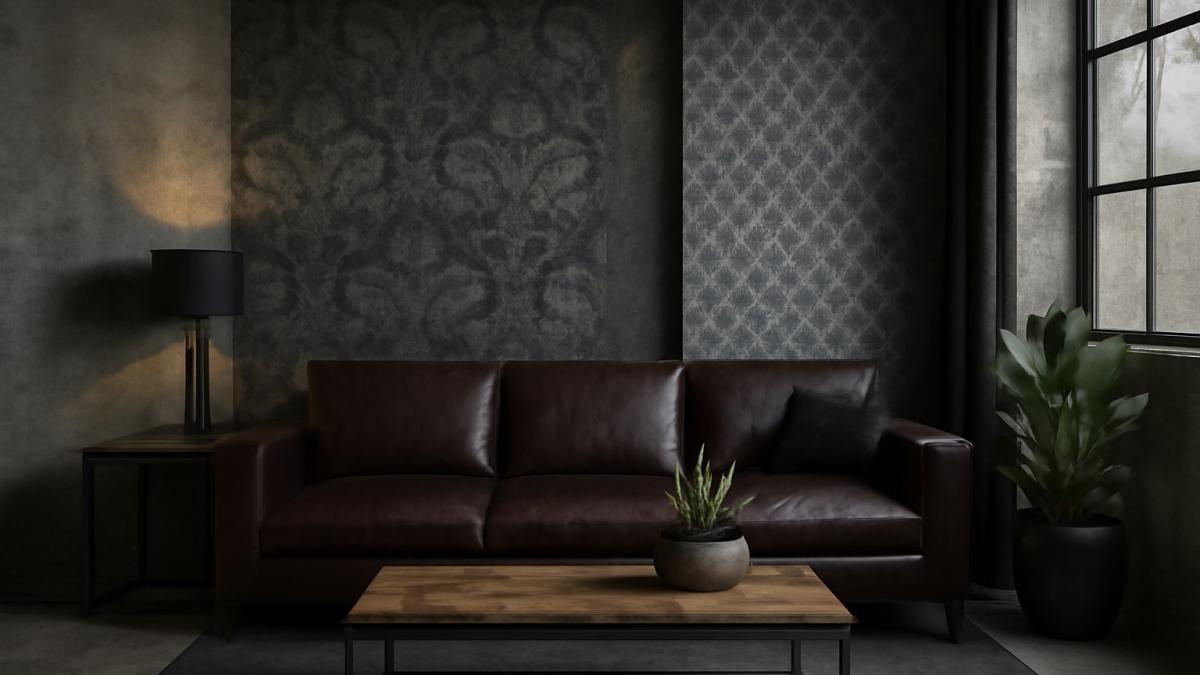 Интерьер с темными обоями и кожаным диваном
