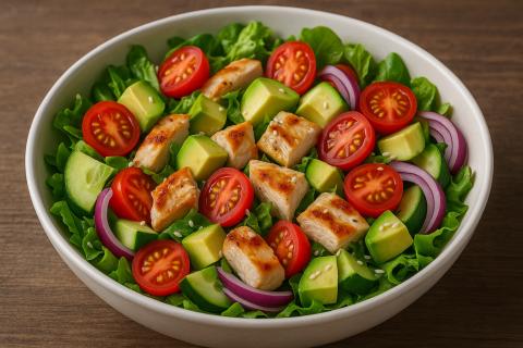 Салат Кармен готовится с курицей, ветчиной и сухариками для насыщенного вкуса