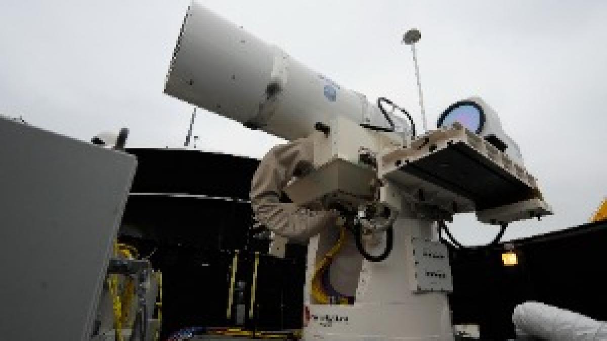 The Laser Weapon System (LaWS) is temporarily installed aboard USS Dewey. (8634864589)