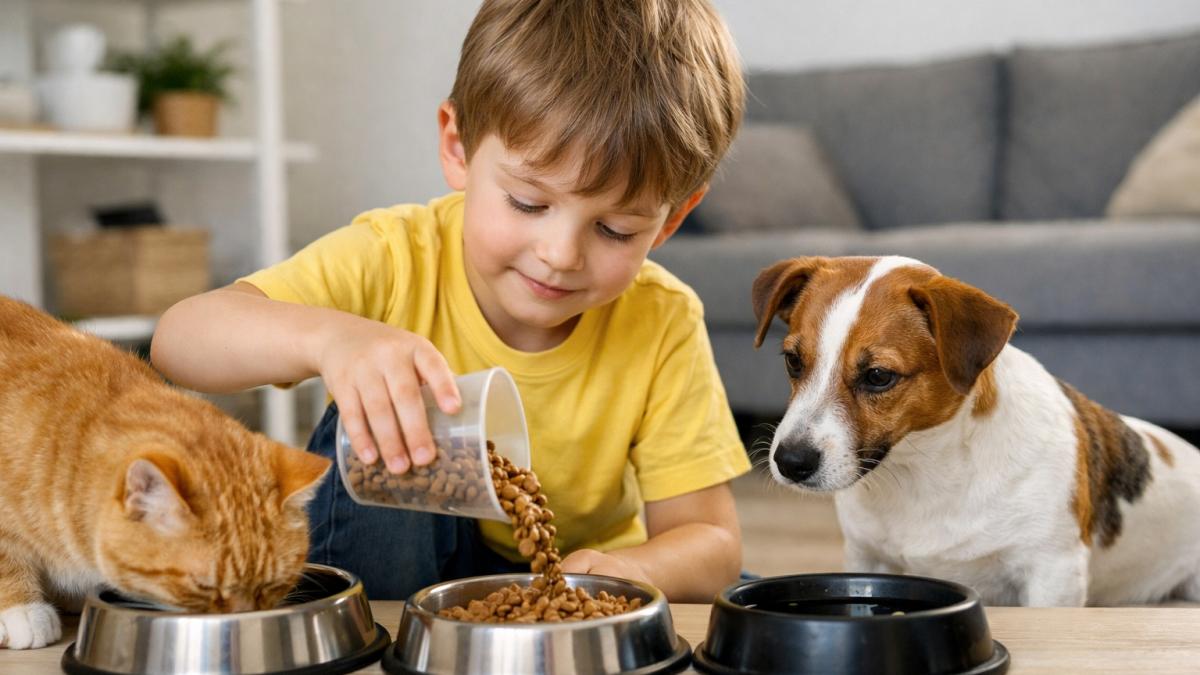 Мальчик корит собаку и кошку