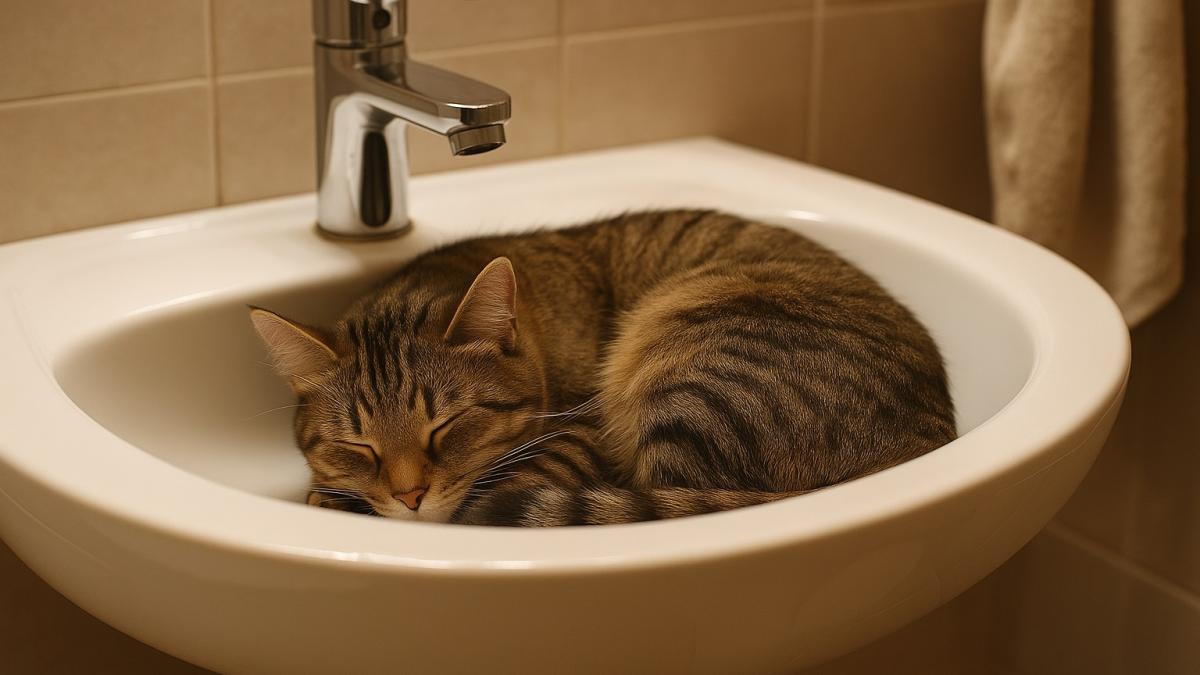 Кошка спит в раковине