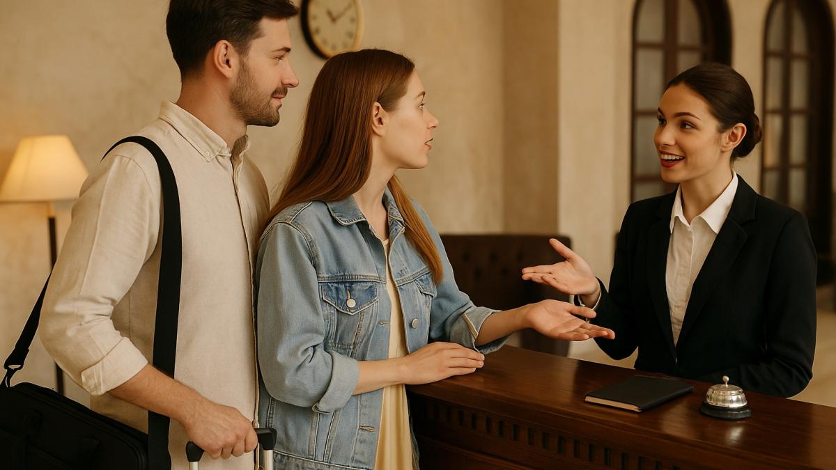 Пара у стойки регистрации в отеле