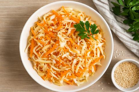 Салат с корейской морковью, огурцами и сухариками сохраняет свежесть при подаче