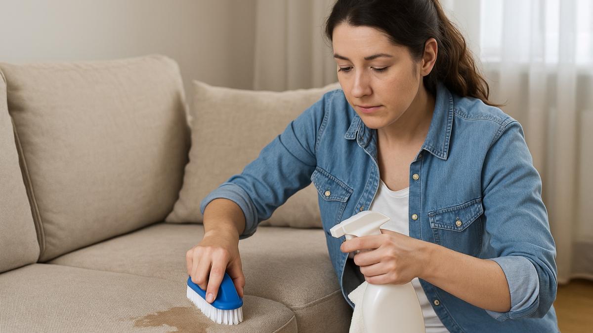 Девушка чистит диван