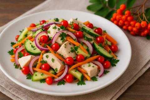 Салат с копчёной куриной грудкой и шампиньонами готовится за 30 минут