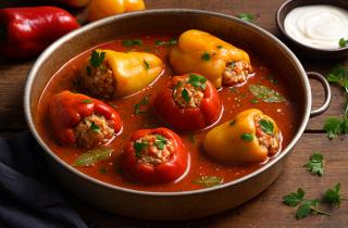 Комбинация говядины и свинины в фарше обеспечивает сочность начинки для перца — повар