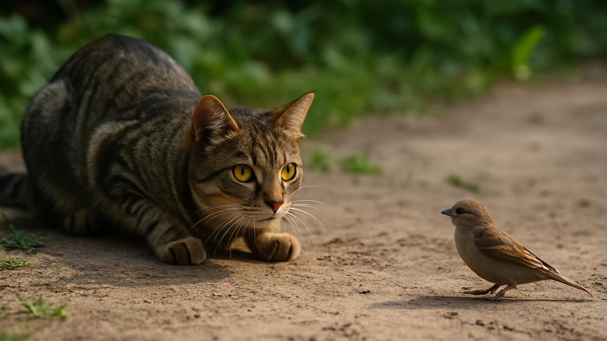 Кошка охотится на птицу