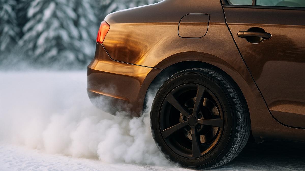 Коричневая машина в дрифте на снегу