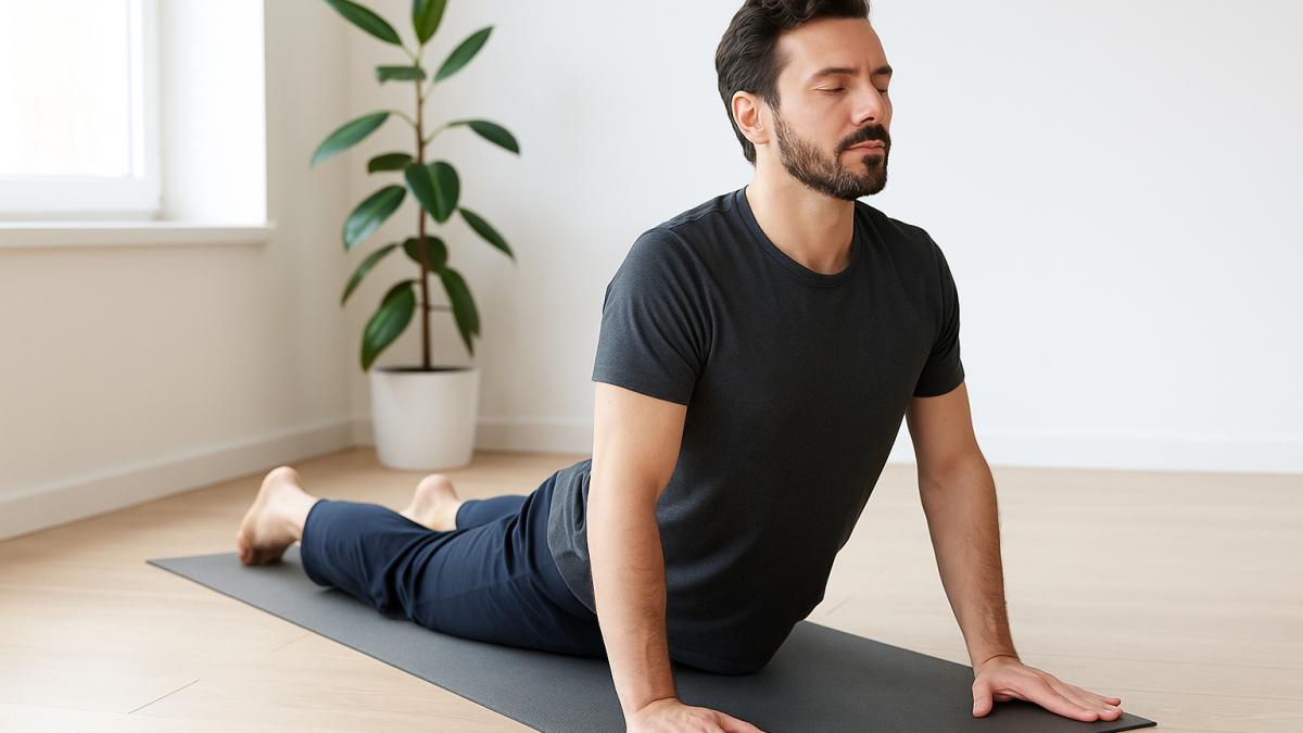 Мужчина практикует йогу дома
