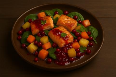 Салат Царский с семгой и икрой включает креветки и картофель