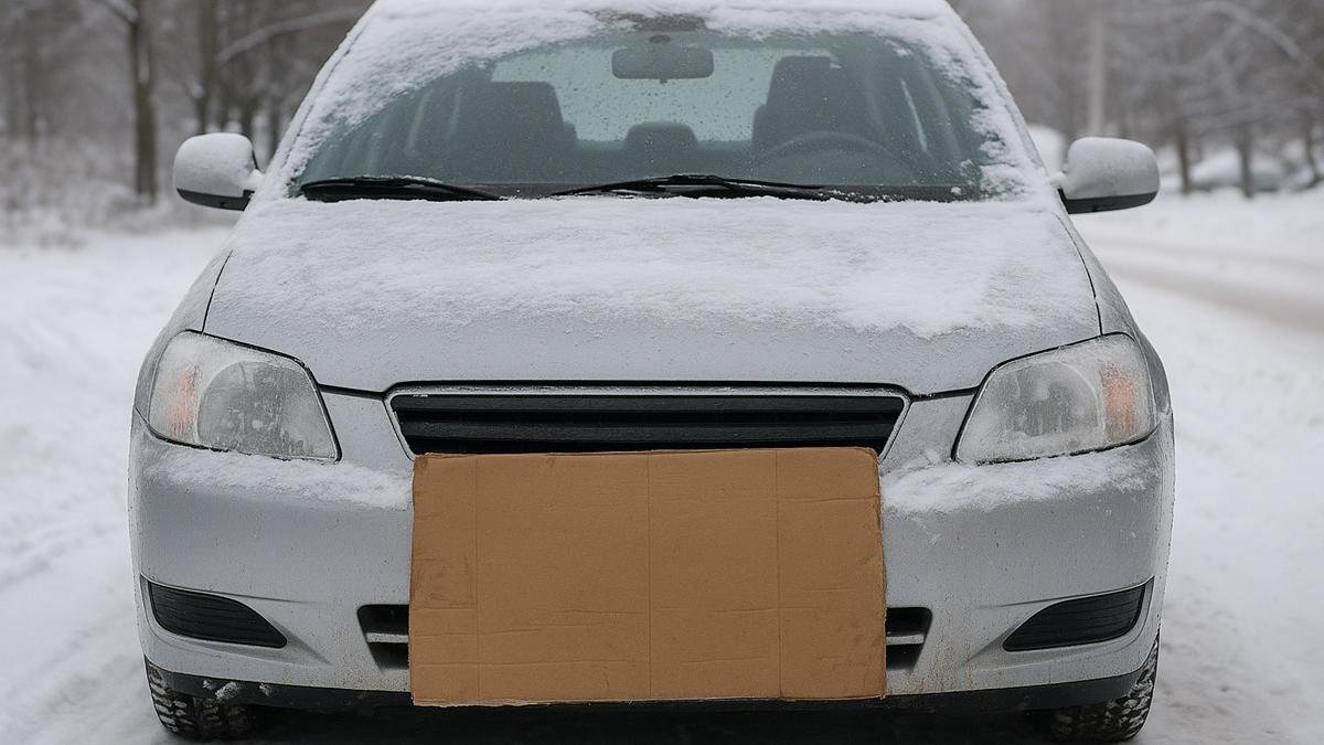 Автомобиль с картоном на радиаторе зимой