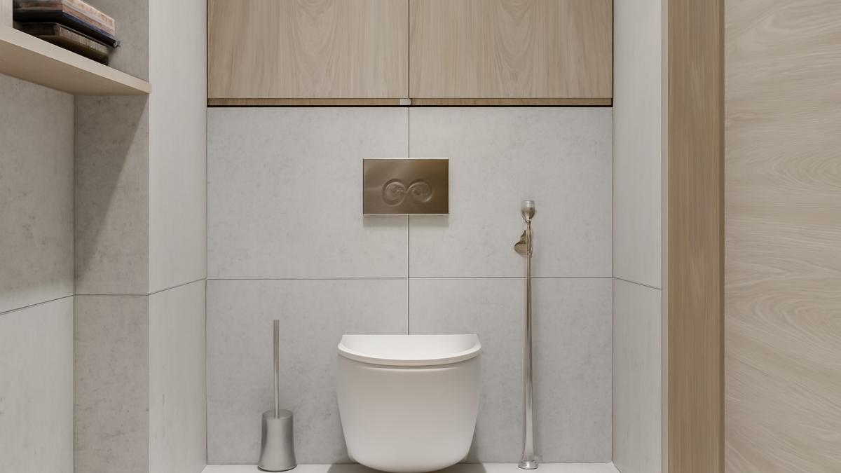 Современный шкаф над унитазом в минималистичном стиле