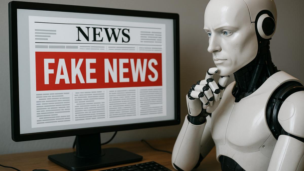 робот анализирует экран с фейковыми новостями