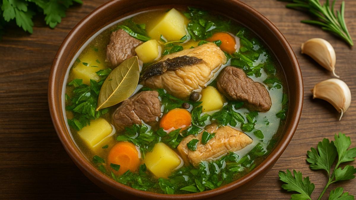 Мансийский суп из рыбы и мяса с дикими травами
