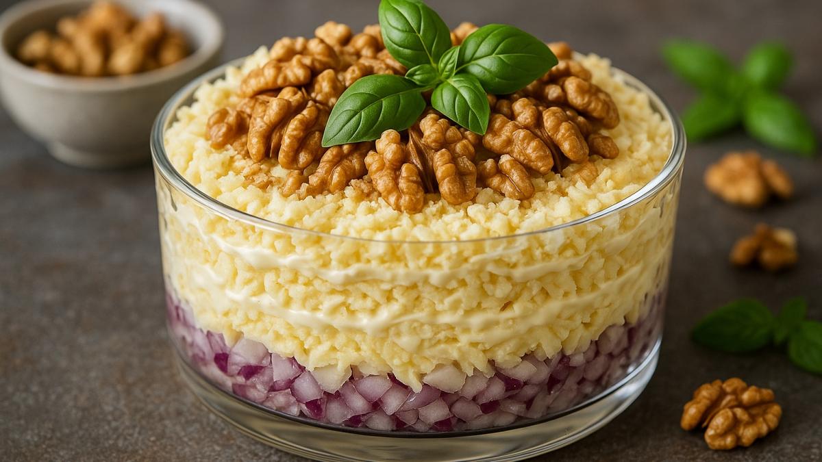 Слоеный салат с орехами