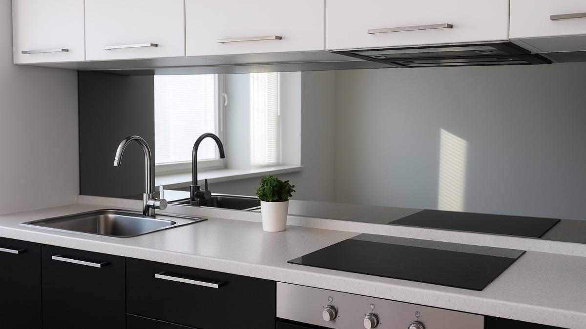 Современная кухня с зеркальным фартуком