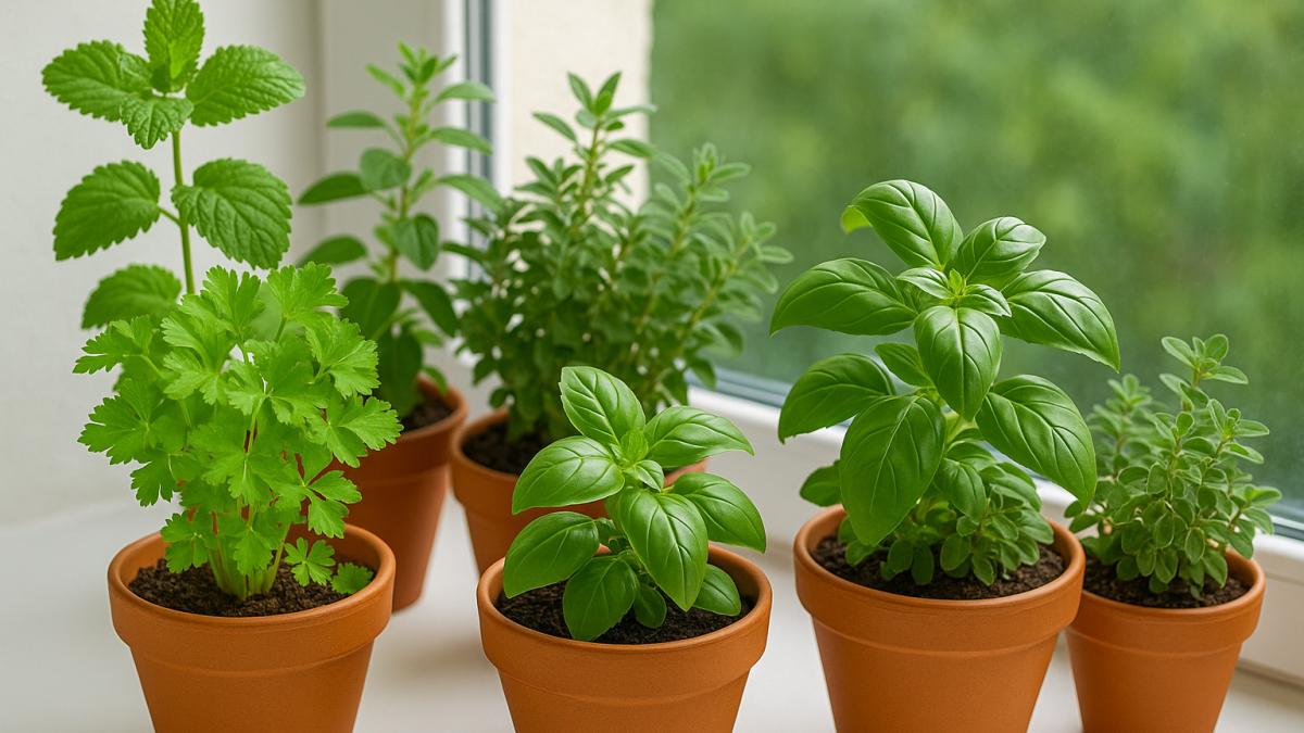 Зелень в горшках на подоконнике
