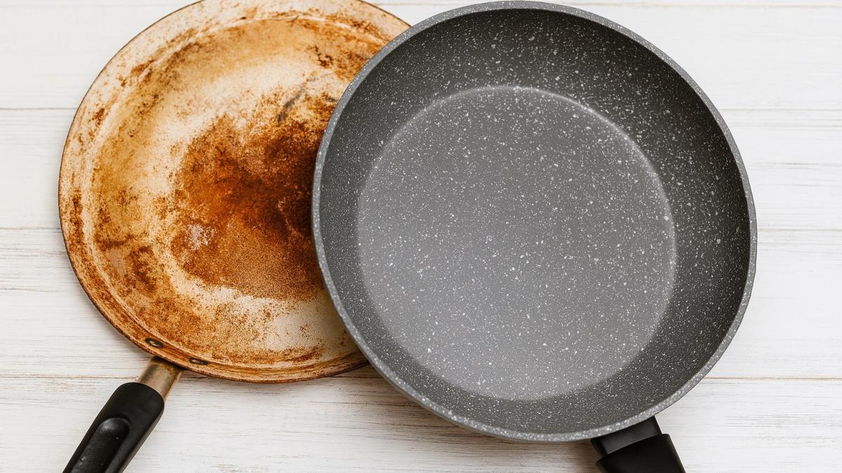 Чистая и грязная сковороды на столе Чистая и грязная сковороды на столе