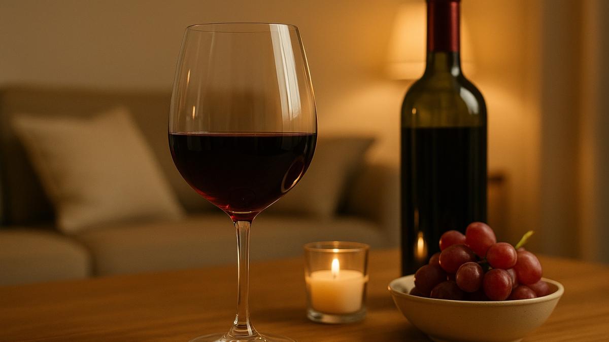 Бокал красного вина и виноград в тёплой обстановке