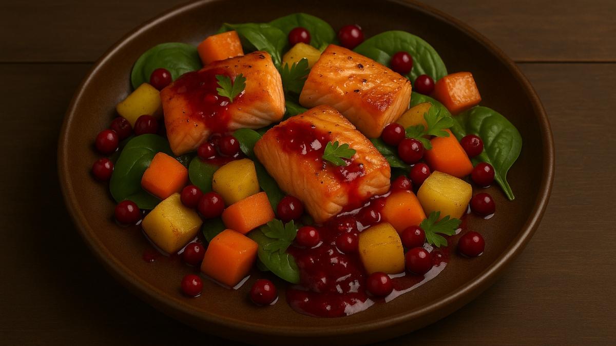 Горячий салат с горбушей и брусничной заправкой Горячий салат с горбушей и брусничной заправкой