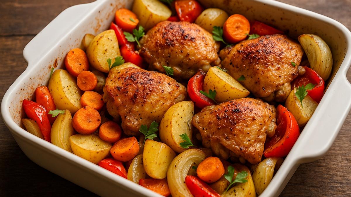 Куриные бёдрышки, запечённые с овощами